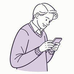 Young man with fair skin is focused on a cellphone in his hands