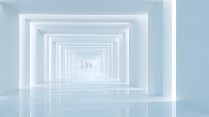 Fototapeta premium Futuristic corridor with clean white walls and glowing light fixtures, creating a sense of depth and perspective, leading to an unknown destination, ideal for modern architectural design concepts