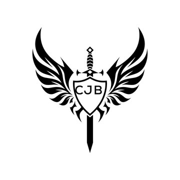 CJB Black and White Heraldic Emblem with Wings and Sword, CJB Later Logo, Guardian Angel Sword and Shield Tribal Vector, Winged Sword and Shield Logo Design with Tribal Style. 
