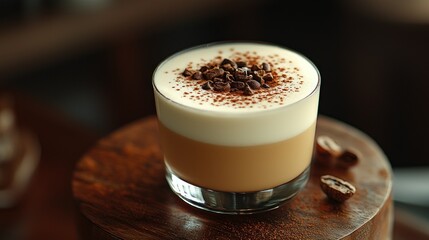 A layered coffee cocktail in a glass, topped with whipped cream and coffee beans