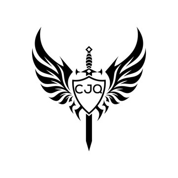 CJQ Black and White Heraldic Emblem with Wings and Sword, CJQ Later Logo, Guardian Angel Sword and Shield Tribal Vector, Winged Sword and Shield Logo Design with Tribal Style. 
