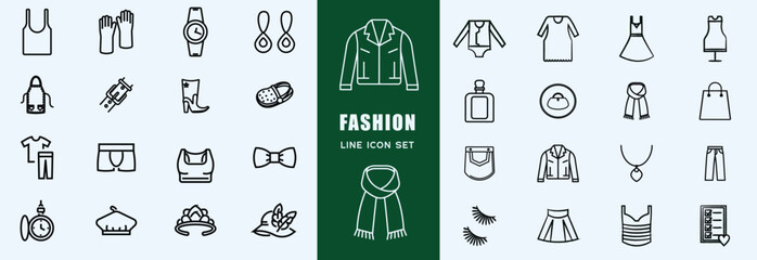 Fashion icon set. Containing tailor, fashion designer, accessories, dress, sewing, fabric, clothes, dressing room, fashion week, mannequin, sewing equipment, shoes, beauty and more