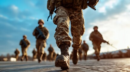 A dynamic image showcasing soldiers in tactical gear advancing purposefully, demonstrating strength, unity, and determination during a military operation under a dramatic sky.