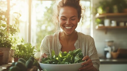 A joyful woman smiles widely while preparing a fresh salad in a sunlit kitchen, surrounded by lush green herbs and vegetables, representing health and happiness.