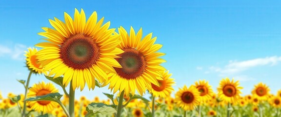 Obraz premium Vivid sunflowers bloom against a clear blue sky in a sunny, vibrant field of summer flowers