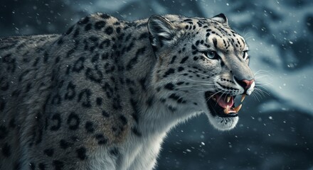 Naklejka premium Snow leopard snarling in winter environment, showing teeth