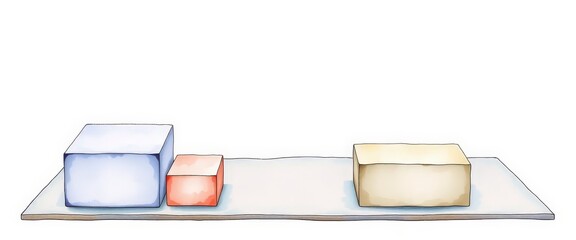 Watercolor style image with three cubes. One is blue, one is red, and one is yellow, on a light surface