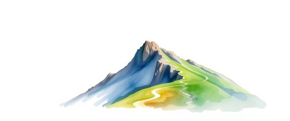 Watercolor style mountain illustration with a winding path and vibrant blue, green, and yellow hues