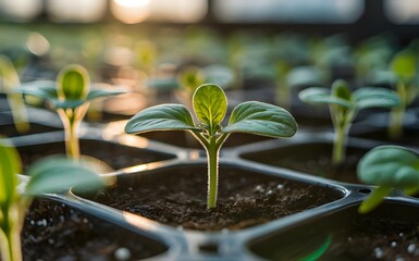 Young plant growing in a greenhouse tray under natural sunlight