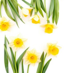 Yellow daffodils with green leaves arranged in a border on a white background, flat lay, bright