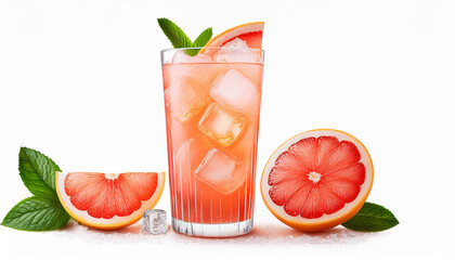 png paloma cocktail with grapefruit slices ice cubes and sparkling soda in a tall glass watercolor illustration on white background summer citrus drink and tropical cocktail concept for design