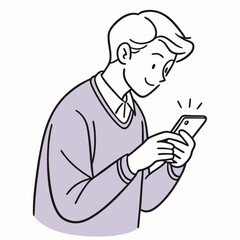 Joyful young man checks his shining cell phone against a plain white background