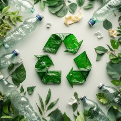 Recycling Concept with Bottles and Green Leaves on Neutral Background