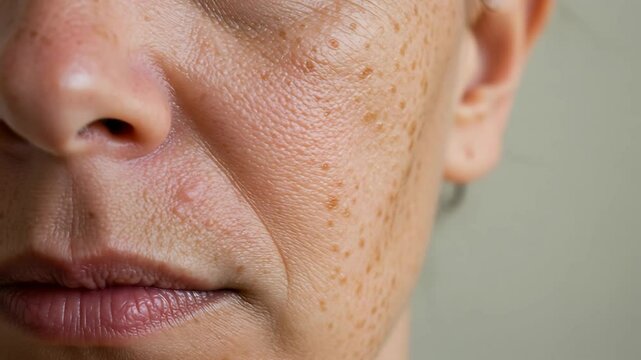 Close-up of a Woman's Face Showing Signs of Aging, Wrinkles, and Freckles Skin Detail