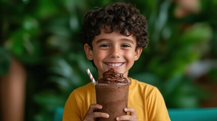 A joyful child smiles widely while holding a delicious chocolate drink, showcasing the pure happiness and excitement often felt in childhood moments.