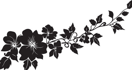 Fototapeta premium Elegant Floral Branch Silhouette with Blooming Flowers and Curving Vines Perfect for Decoration Invitations or Graphic Design Projects Isolated on a Clean White Background