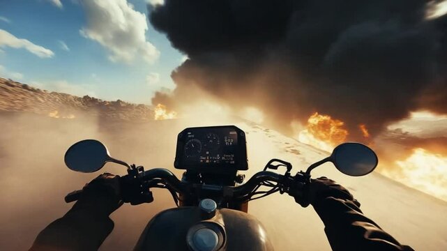 Motorcycle escape from explosive catastrophe first-person perspective, action shot
