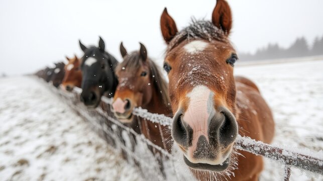 A line of horses stands in a snowy landscape, their forms outlined against the winter backdrop, symbolizing beauty, strength, and serenity in nature. - Powered by Adobe