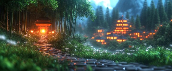 Obraz premium Peaceful Asian Village At Night Under Bamboo Forest