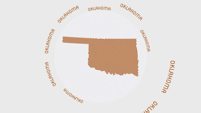 Oklahoma shape with dynamic circles visual effect. Animation of Oklahoma logo appearing from rotating rings and State name around the shape. Intro, opening, closing, logo video.