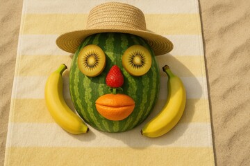 Creative fruit face made of watermelon, bananas, kiwi, strawberry and orange on a striped beach towel. Fun summer concept for healthy lifestyle, vacation and playful food art