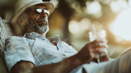 A tranquil scene of a gentleman with sunglasses and a straw hat, leisurely sipping a drink while lounging in a sunlit garden, embodying a relaxed and peaceful lifestyle.