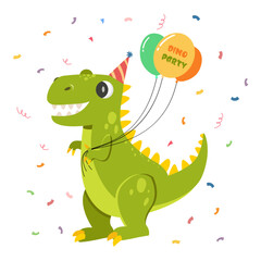 Dinosaur celebrating birthday party with ballonn.