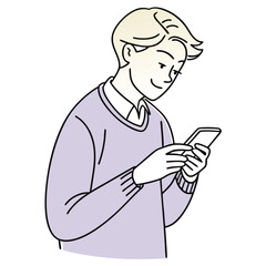 Smiling young man with fair hair intently types on his phone screen now