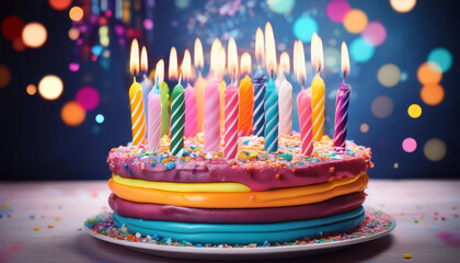 colorful birthday cake with lots of candles