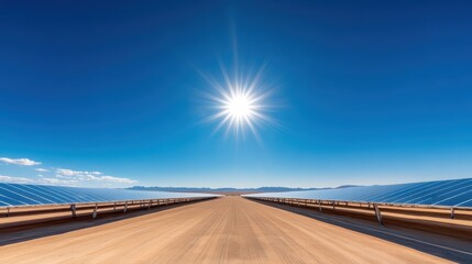 Fototapeta premium A vast landscape showcases rows of solar panels basking under a brilliant sun, representing renewable energy, sustainability, and hope for a greener future.