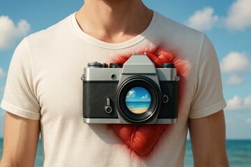 A vintage camera is embedded in the chest of a person, replacing the heart. Its lens reflects a summer beach, symbolizing a deep passion for photography and capturing summer moments