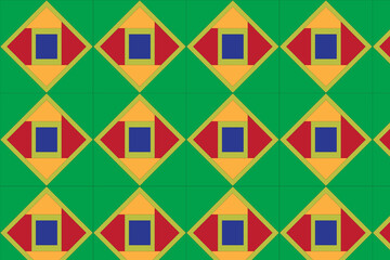 Repeating pattern with squares and diamonds on green grid on transparent background