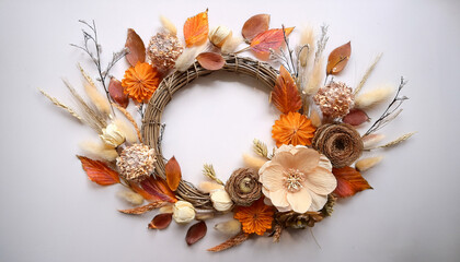 Obraz premium elegant autumn floral wreath with beige and orange flowers dried leaves and branches arranged in a circular composition on white background concept of seasonal botanical design and fall aesthetics