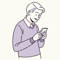Cheerful young Asian man in a sweater is typing on his mobile phone