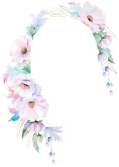 Frame made with watercolor pink peony flowers and leaves, pastel wedding isolated illustration