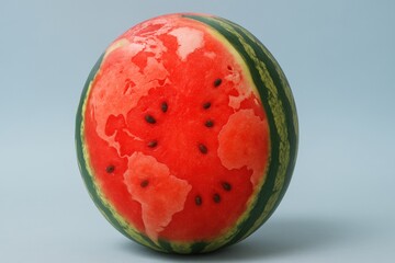Juicy watermelon carved to resemble a globe with world map on red pulp. Creative summer concept symbolizing global summer mood, freshness and tropical vibes