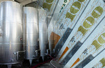 Wine manufacturing. Modern winery tanks on a background of money. Cost and expenses for the production of wine products