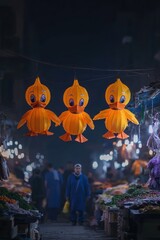 Three yellow duck decorations hang above a bustling night market
