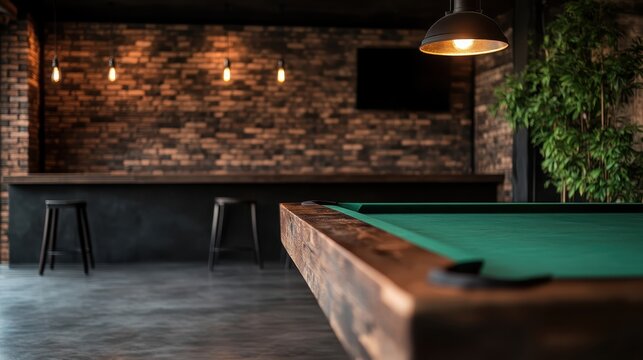 A stylish billiard room featuring a green felt table and ambient lighting creates an inviting atmosphere for leisure, socialization, and friendly competition among players.