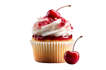 Delicious cupcake with cherry topping on a transparent background