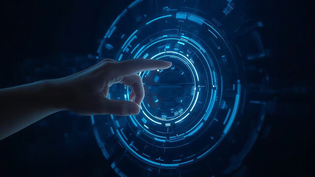 Hand interacting with futuristic blue technology interface