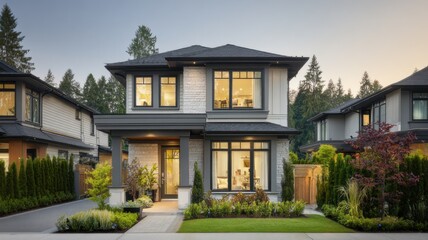 Fototapeta premium Modern two-story suburban home with light stone facade, dark trim, and large windows showcasing a cozy, warmly lit interior in a serene neighborhood.