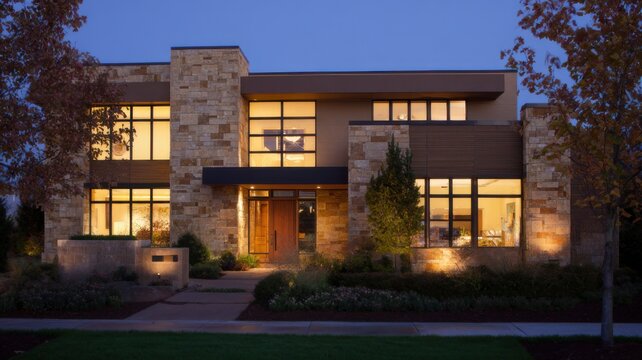 Modern two-story house at dusk with stone and smooth-finished walls, large rectangular windows, warm interior lights, wooden front door, shrubs, stone pathway, autumn-hued trees, 