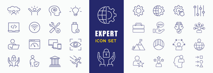 Expert icon set. Containing advice, competence, expertise, knowledge, skill, specialist, experience and more. Solid vector icons collection