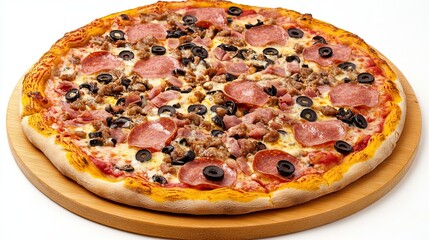 Pizza with Meat and Olives on Wooden Board
