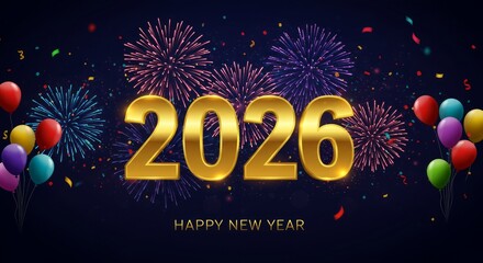 Fototapeta premium 2026 Golden Numbers with Colorful Fireworks and Balloons on Dark Blue Background