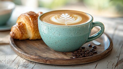 A light teal mug of latte art coffee, beside a croissant, on a wooden tray