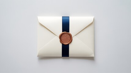 Elegant White Envelope with Navy Ribbon and Wax Seal A High-Quality Photograph