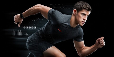 Athletic man sprinting in modern sportswear, dynamic fitness concept with digital performance data for active lifestyle branding.