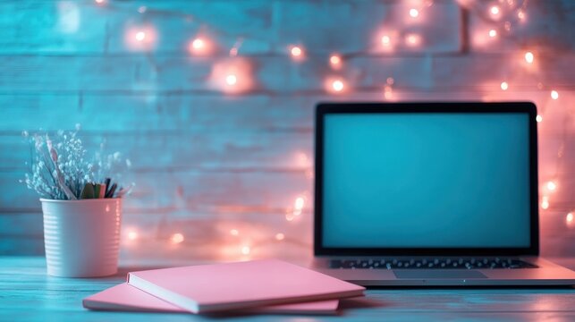 An aesthetically pleasing modern workspace featuring a laptop and a notebook surrounded by twinkling lights, perfect for inspiring creativity and productivity.